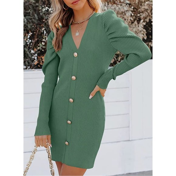 Dresses & Skirts - Light Green Ribbed Knit Button V-Neck Long Sleeve Bodycon Mini Sweater Dress